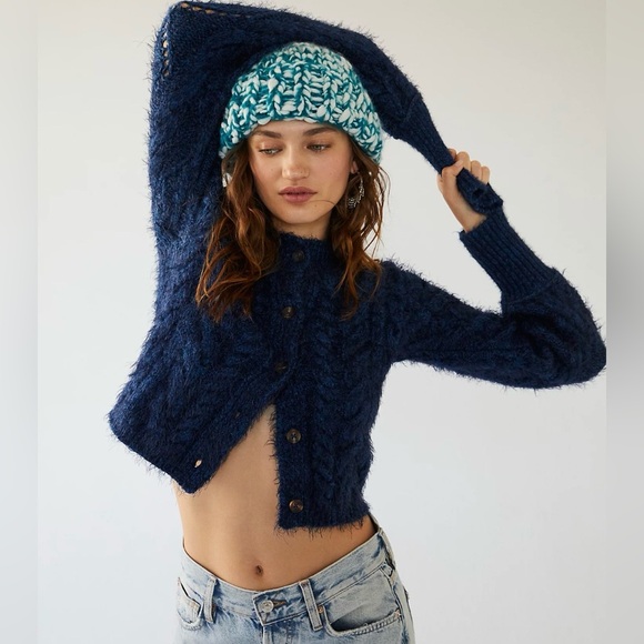 Free People Sweaters - Free People Greta Cardigan Size XL Blue Fuzzy Knit Cropped Boxy Boho Button Up
